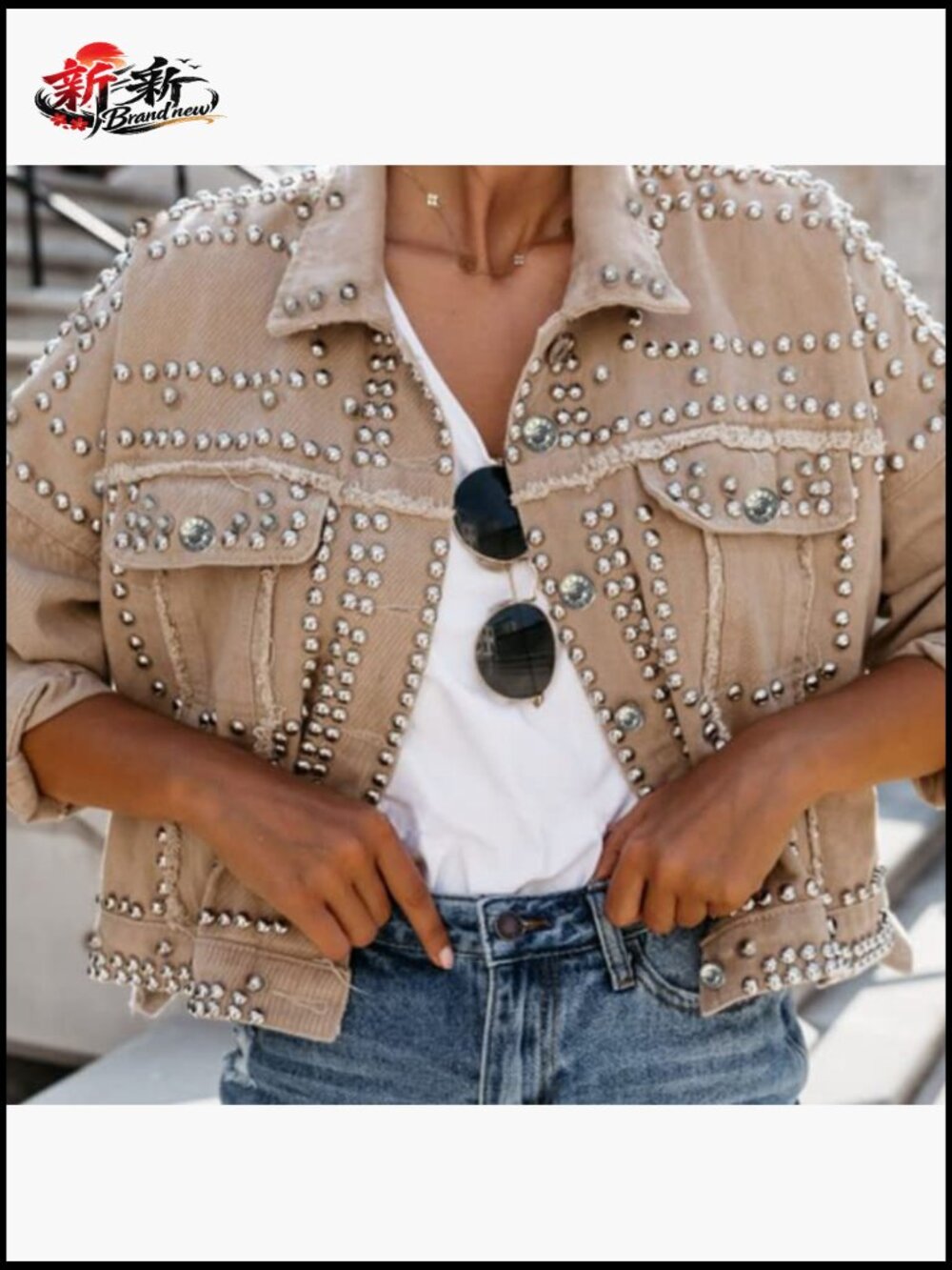 Loose Fit Studded Denim Jacket with Rhinestone Beading Western Style - Picture 5 of 7
